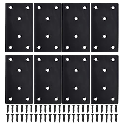 8 Pcs Flat Mending Plate 3.15" x 1.57", Black Stainless Steel Straight Bracket with Screws, Heavy Duty Flat Brace Fixing Joining Plate for Wood, Furniture, Bed Frame, Shelves & DIY Projects - size: 3.1 x 1.57inch