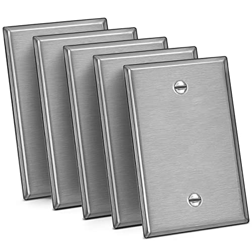 [5 Pack] BESTTEN 1-Gang Midsize Blank Metal Wall Plate, Midway No Device Metal Outlet Cover, Durable Corrosion Resistant, H4.86” x W3.12”, Brushed Finish, Silver - size: Blank Midsize