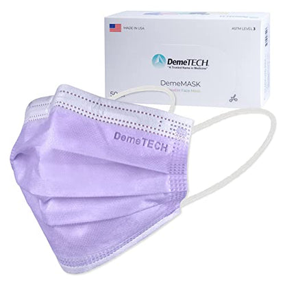 DEMETECH ASTM Level 3 Protective 3-Layer Face Mask, Ear-Loop Style, Adult Mask - color: Purple - 50 Pack