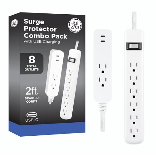 GE 6-Outlet & 2-Outlet Surge Protector Combo Pack with 2 USB-C Ports, 245 Joules, 2ft Braided Cords, Flat Plugs, ETL Certified, White, 86076 - size: 2 Ft Combo Pack