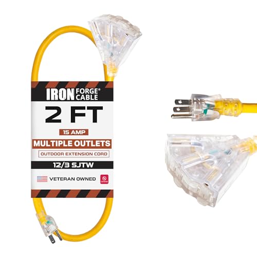 Iron Forge Cable 2 Foot Lighted Outdoor Extension Cord with 3 Outlets - 12/3 SJTW Heavy Duty Yellow Extension Cable 3 Prong - Multiple Outlets - size: 2 Foot, style: 1 Pack