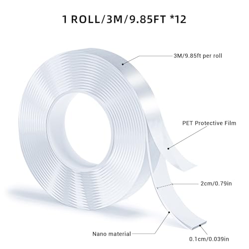 12 Rolls Double Sided Tape, Nano Tape, Transparent Adhesive Tape, Traceless Adhesive Tape, Removable, Washable, Reusable, Suitable for Carpets, Photo Walls, 9.85 Feet Per Roll - size: 9.85 Feet Set of 12