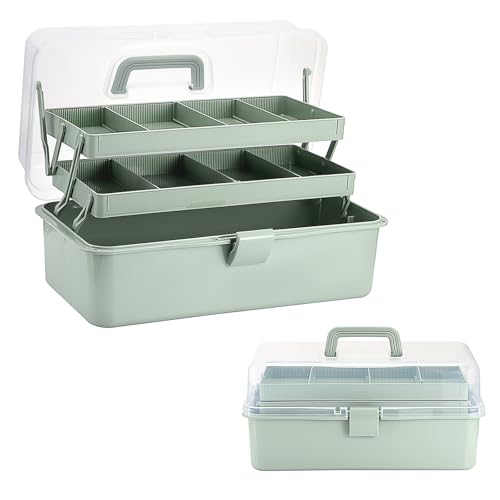 Tackle Box, 16-Inch Extra Large Art Storage Box with 3-Layer Folding Trays, Multipurpose Craft Organizers and Storage w/ Adjustable Dividers, Portable Tool Box for Sewing Supplies,Medicine &Cosmetics - color: Green