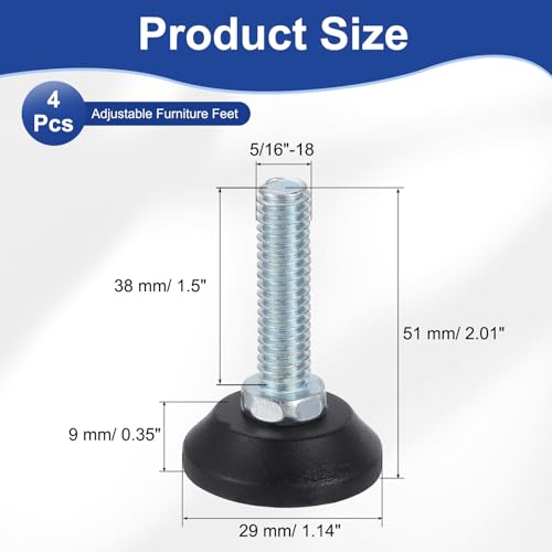 uxcell 5/16"-18 Thread Furniture Feet Levelers, 4Pcs 38mm l Adjustable Furniture Feet Screw in Threaded Leveling Leg Screw on Chair Foot Glides Leveling for Table Chair Cabinet Black - size: 5/16"-18 38mm