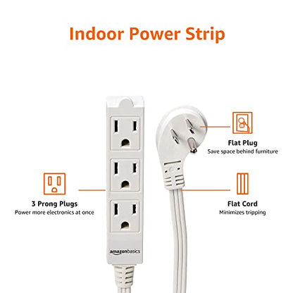 Amazon Basics 3-Prong Indoor Rectangle Extension Cord Power Strip, Flat Plug, Space-Saving, Grounded, 13 Amps, 1625 Watts, 125 VAC, 6 ft, White, 2-Pack - size: 6 ft