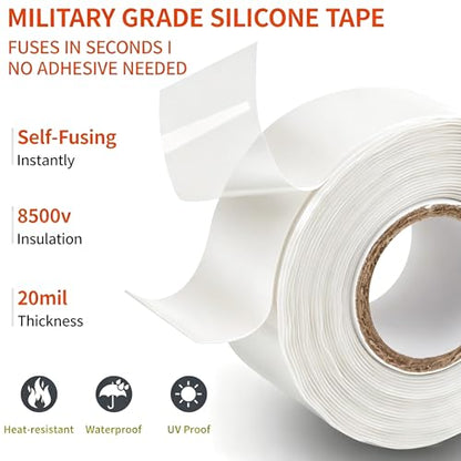 Self Fusing Silicone Tape Waterproof, Rescue Tape, 1" x 33 Feet, Self Amalgamating Tape, Silicone Rubber for Sealing Pipes, Hose Repair, Outdoor Coax and Electrical Cables (White) - color: White