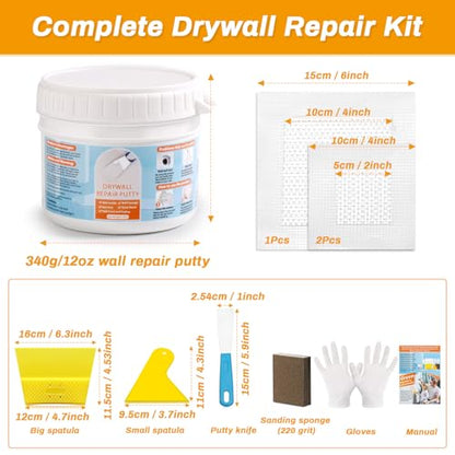 Drywall Repair Kit, Wall Surface Hole Patch Repair Kits with 12OZ White Putty Hole Filler, Fix Wall Surface and Creak Damage with Scraper, Sanding Pad Fill Quick and Easy Solution - color: 12OZ White Wall Repair Putty Patch Kit