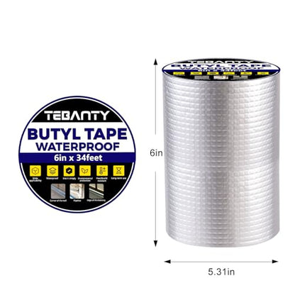 Butyl Tape Waterproof Sealing Tape 6Inch x 34Feet, Aluminum Foil Tape, Butyl Sealant Tape for Pipe Sealing, RV Repair, Window, EDPM Roof Leak Patching, Boat and Pipe Sealing - size: 6 inch x 34 feet