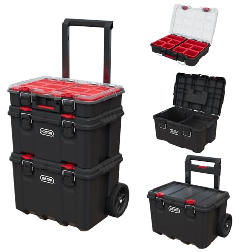 Keter Stack-n-Roll Modular Tools Organizer for Garage Storage and DIY, 3 Piece Resin Rolling Tool Box System for Small Parts, Black - size: 3PC System
