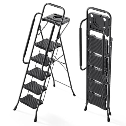 KINGRACK 5 Step Ladder with Tool Platform, 900 lbs Sturdy Step Stool with Handrail, Folding Steel Ladder with Wide Pedal, Safety Ladder for Adults Home Outdoor Painting Garage Office - size: 5-step with tool tray and handrail