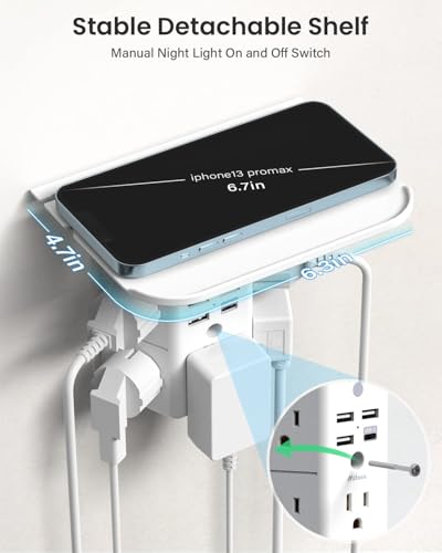 Wall Outlet Extender with Shelf and Night Light, Surge Protector, Wall Mount Charger Multi Plug Expander with 5 AC Outlets and 3 USB A Ports 1 USB C, Wide Space 3-Sided Power Strip Multi Plug Outlets - size: 1c3a