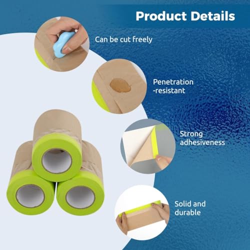 yeesport 4 Rolls Pre-Taped Masking Paper for Painting, Tape and Drape Painters Paper, Paint Adhesive Protective Paper Roll for Covering Skirting, Door Frames, Cars (6 in x 50 Ft) - size: 6 in X 50 Ft