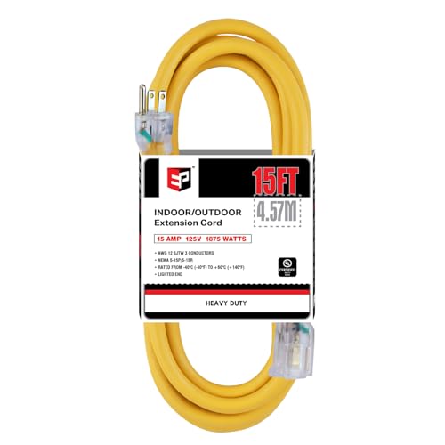 EP 15 ft Lighted Outdoor Extension Cord - 12/3 SJTW Heavy Duty Yellow Extension Cable with 3 Prong Grounded Plug - 15AMP Power Cord for Lawn, Garden, Appliances - color: Yellow, size: 15ft