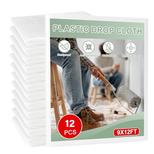 12pcs 9x12ft Plastic Drop Cloths - Disposable Painter's Sheeting & Tarps for Painting, Waterproof Furniture/Couch/Floor Protection - size: 12pack
