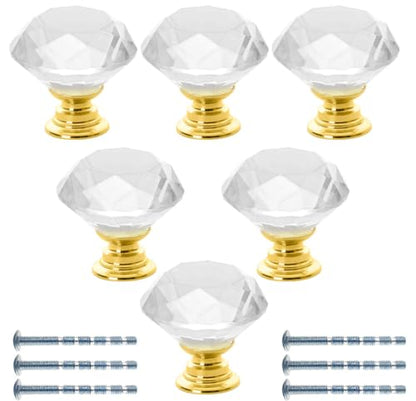 Akstore 6 Pcs Crystal Glass Cabinet Knobs 30mm Diamond Shape Drawer Kitchen Cabinets Dresser Cupboard Wardrobe Pulls Handles (Clear-Golden, 30mm) - color: Clear-Golden, size: 30 mm