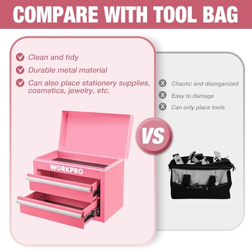 WORKPRO Metal Mini Tool Box, Top Tool Chest containing Two Drawers with Ball Bearing Slides, PVC Drawer Liners and PP Feet Pads, Cold Rolled Steel Small Toolbox for Multi-Purpose Storage - Pink Ribbon - color: Pink