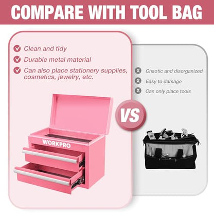 WORKPRO Metal Mini Tool Box, Top Tool Chest containing Two Drawers with Ball Bearing Slides, PVC Drawer Liners and PP Feet Pads, Cold Rolled Steel Small Toolbox for Multi-Purpose Storage - Pink Ribbon - color: Pink