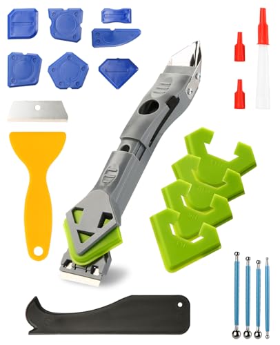 7-in-1 Caulking Tool Kit, Silicone Caulk Finishing & Smoothing Tool, Sealant Trimming and Removal Tool with Scraper for Bathroom, Shower, Sink Sealant & Grout Projects (17PCS) (17) - size: 17