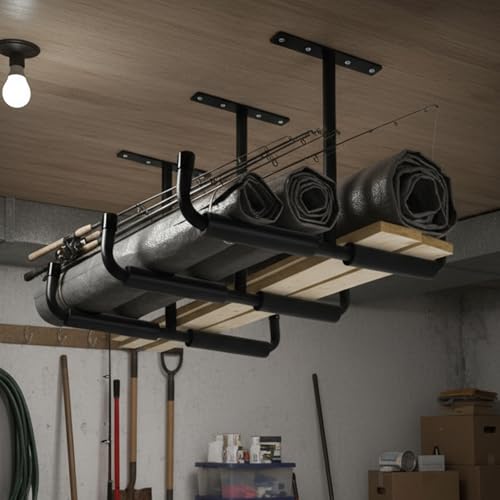 4 Pack Overhead Garage Storage Hooks, 17" Heavy Duty Ceiling Mount Hangers, Double T-Bar Metal Ladder Ceiling Racks, Hanging for Bike, Pipe Lumber, Fishing Rod, Sports Equipment