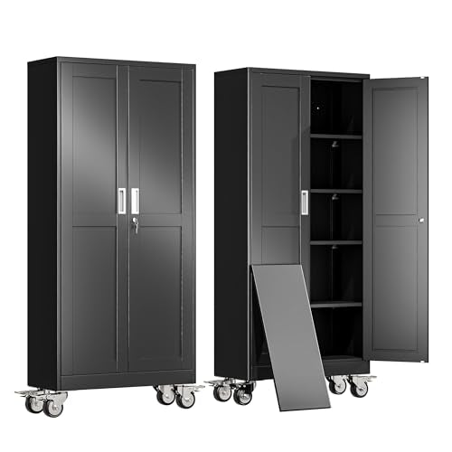erosoei 71" H Metal Garage Storage Cabinet, Rolling Tool Cabinet with 2 Doors and Wheels, Locker Steel Cabinet with 4 Adjustable Shelves, Organization Cabinet for Garage,Office,Home,Gym,School - color: Black, size: 71"With wheels and locks