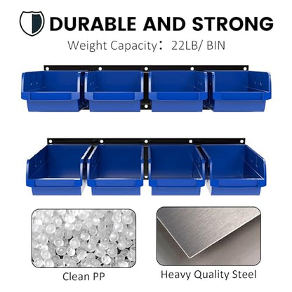 UNITEDPOWER wall mounted garage storage bin, Parts Rack, Plastic Hanging Stackable Storage Bin, Hardware Tool Organizer for workshop, Craft Room, school and Shop, 8 Bins&2 Rails (Blue), Large
