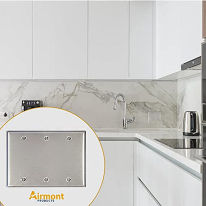 AP-10413, Stainless Steel Blank Wall Plate, 3 Gang Standard Size 4.50" x 6.38" Corrosion and Heat Resistant, Unbreakable Metal, Silver, Cover Unused Electrical Sockets or Switch Holes - size: 3 Gang