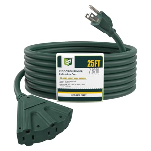 EP 25 Ft 16 Gauge Green Indoor Outdoor Extension Cord with 3 Outlets, 13A 1625W 125V, 16/3 SJTW Power Cord, 3 Prong Grounded Plug for Lights, Garden and Major Appliances, ETL Listed - color: Green, size: 25ft