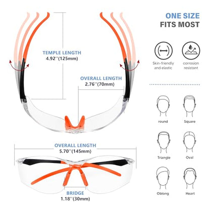 Clear Safety Glasses 6PK, Protective Eyewear UV Protection ANSI Z87.1 Crystal Clear Safety Goggles Scratch Impact Resistant Eye Protection with Soft Nose Pieces, Clear Lens Orange Temples - color: Clear Lens Orange Temples