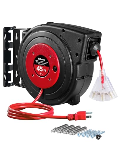 Retractable Extension Cord Reel, 45 FT Heavy Duty Power Cord, 12AWG/3C SJTOW, 3 Grounded Outlets Lighted Triple Tap, 15 Amp Circuit Breaker, UL Listed, Red R45CR06 - color: Red