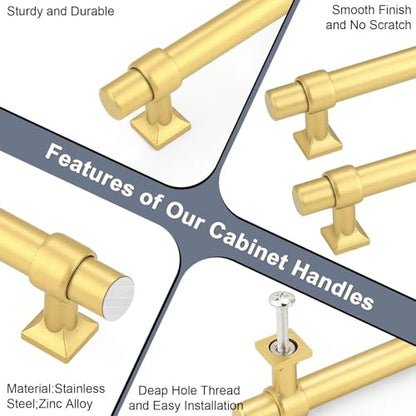 5Pack Hole Centers 2.5inch(64mm) Brushed Brass Cabinet Handles T Shaped Kitchen Cabinet Pulls Hardware Pull Handle for Cabinets Dressers 4inch Total Length - color: Brushed Brass, size: Hole Centers: 2.5inch