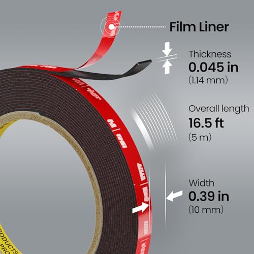 Double Sided Heavy Duty Mounting Tape, 2 Rolls (16.5 FT x 0.39 in Each), Waterproof, High Temp Resistant, for Automotive Trim, LED Strips, Home & Office Décor - size: 16.5FT x 0.39in (General Use)
