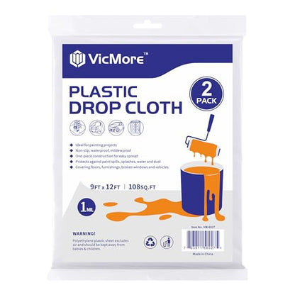 VicMore 2-Pack Plastic Drop Cloth 9x12 Feet - Waterproof and Clear Tarp for Painting, Furniture Protection, and Floor Covering - Durable Multipurpose Sheeting - size: 9FT x 12FT, 2 PACK, MEDIUM-DUTY