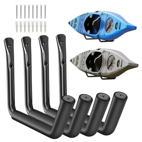 Kayak Storage Rack Wall Mount (15"), Kayak Hooks, Heavy Duty Garage Storage Hooks (4packs) for 2 Kayaks Suitable for Hanging Ladders, Bikes, Kayak wall Rack - color: Black Upgrade-Pack of 4