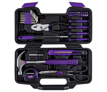 CARTMAN 39-Piece Home Tool Set Kit, Essential Household Hand Tools with Plastic Storage Case, Purple - color: Purple