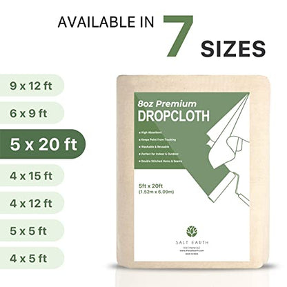 Salt Earth Canvas Drop Cloth 1Pc, Reusable Paint Drop Cloth, 100% Recycled Cotton Canvas Tarp Cover for Painter, Furniture, Floor Protection, All Purpose Painters Dropcloth for Christmas DIY (5x20FT) - size: Pack of 1 - 5x20