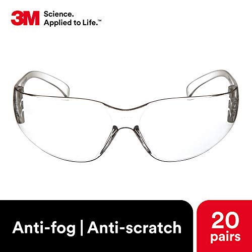 3M Safety Glasses, Virtua, 20 Pair, ANSI Z87, Unisex, Anti-Fog, Scratch Resistant, Clear Lens, Clear Frame, Affordable Eye Protection, Lightweight, Wraparound Coverage - size: Pack of 20, style: Anti-fog, Anti-scratch
