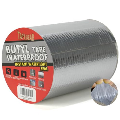 TAPEBEAR Butyl Tape Waterproof Sealing Tape 6inch x 16feet, Upgraded Aluminum Foil Tape Heavy Duty for RV Repair, Awning, Window, Glass & EDPM Roof Leak Patching, Boat and Pipe Sealing, Silver - size: 6inch x 16.4feet