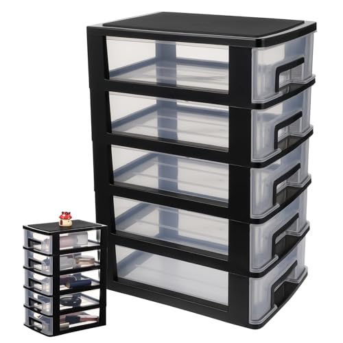 Cabilock 5-Tier Plastic Storage Drawers Clear Desktop Organiser Unit Small Stackable Craft Bins for Office Stationery Makeup Jewellery 31x21x15cm - color: Black
