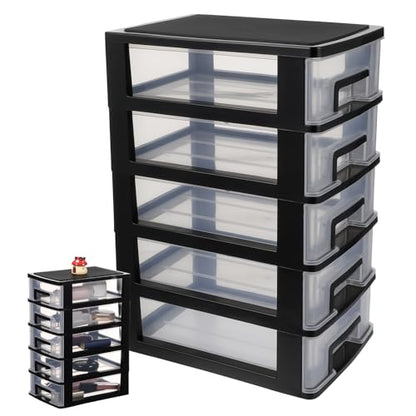 Cabilock 5-Tier Plastic Storage Drawers Clear Desktop Organiser Unit Small Stackable Craft Bins for Office Stationery Makeup Jewellery 31x21x15cm - color: Black
