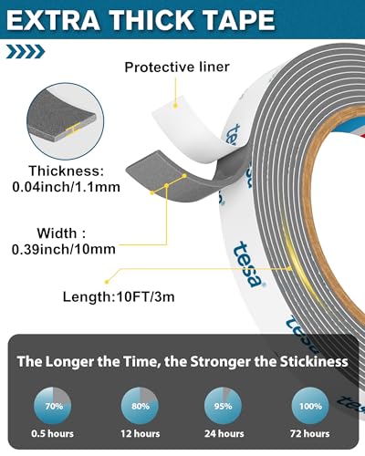 EMITEVER Heavy Duty Double Sided Tape, 0.4In x 10Ft Tesa 6311 Adhesive Mounting Tape, Foam Tape Waterproof & Extreme Temp Resistant, No Residue Removal Two Sided Tape for Walls, Auto, Home, Office - size: 0.4in x 10ft-6311