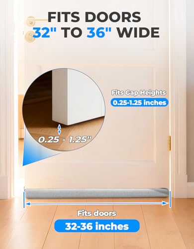 Premium Plush Under Door Draft Stopper Noise Blocker – Blocks Drafts, Dust, Noise & Light, 32-36 Inch Adjustable Door Sweep Gap Filler Bottom Door with Secure Hook & Loop Tabs - size: 0.25-1.25 inch
