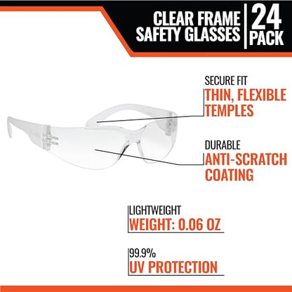 Malta Dynamics Safety Glasses – ANSI Z87+ Rated UV Eye Protection Glasses for Construction, Manufacturing, Scratch-Resistant - color: Clear, size: 24 Pack