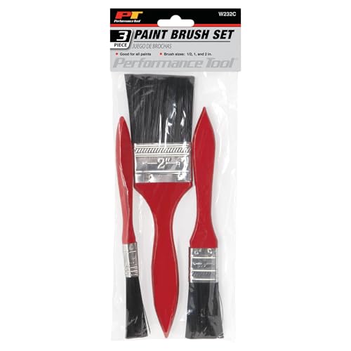 Performance Tool W232C Set of 3 Paint Brushes with Durable Plastic Handles - Sizes 1/2-Inch, 1 & 2 Width for Use with Many Paints