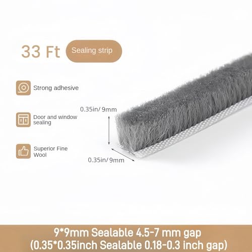 Window Weather Stripping Door Seal, 33 Ft Self-Adhesive Winter Insulation Strip for Exterior Front Door Frame Window Soundproofing Noise Cancelling Window Inserts, 0.35"Wide x 0.35"Thick,Gray - size: 0.35" Wide x 0.35" Thick