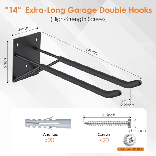 14" Garage Hooks Heavy Duty 4-Pack - Garage Storage System Hooks, Ladder Hooks for Garage Wall & Broom Holder Wall Mount | Non-Slip Tire Rack & Heavy Duty Wall Hooks for Hanging Ladders, Chairs.