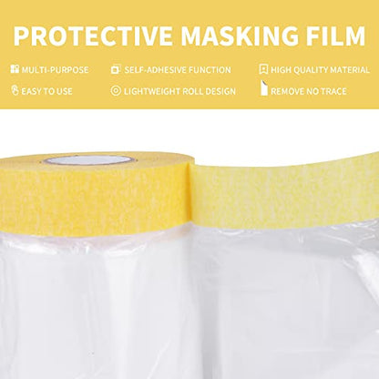 TAPEBEAR Pre-Taped Masking Film, Tape and Drape, Plastic Sheeting Roll, Automotive Painters Masking Tape Film, Plastic Sheeting Cover for Appliance and Furniture, 9feet X 90feet, 2600mmx 27m,3Rolls - size: 2600mm x 27m