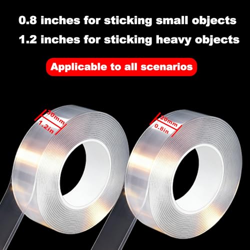 【2 Rolls】 Double Sided Tape Heavy Duty, Nano Clear Mounting Tape, Picture Hanging Poster Carpet Tape for Walls, Dorm Office School Outdoor, Removable Adhesive（9.85FTx1.2in&0.8in - size: 19.7 Feet