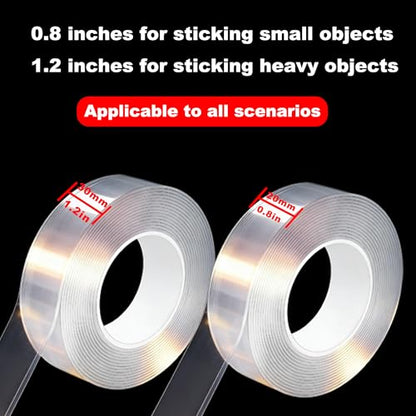 【2 Rolls】 Double Sided Tape Heavy Duty, Nano Clear Mounting Tape, Picture Hanging Poster Carpet Tape for Walls, Dorm Office School Outdoor, Removable Adhesive（9.85FTx1.2in&0.8in - size: 19.7 Feet