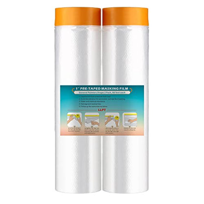LLPT Tape and Drape 78.7”(Unfolded) x 66 Ft Each 2 Pack Pre-Taped Masking Film 0.27 Mil Painters Plastic Drop Cloth for Auto Wall Furniture Painting Dust Protection (MFT2002) - size: 78.7 Inch x 66 Ft