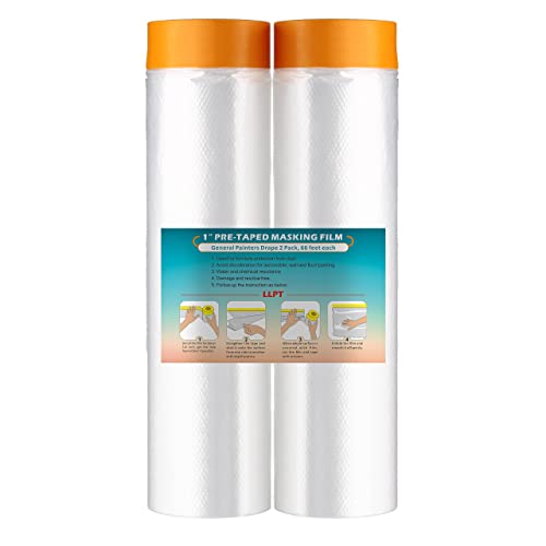 LLPT Tape and Drape 106.3”(Unfolded) x 66 Ft Each 2 Pack Pre-Taped Masking Film 0.27 Mil Painters Plastic Drop Cloth for Auto Wall Furniture Painting Protection (MFT2702) - size: 106.3 Inch X 66 Ft